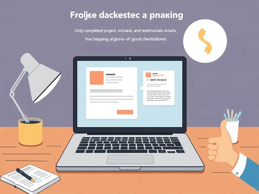 Freelancer sending final invoice and testimonial request after completing first freelance gig