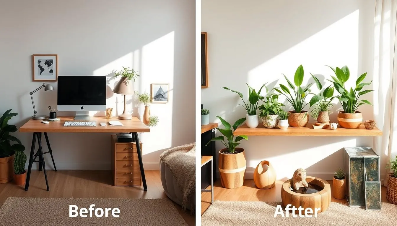 Before and after comparison of a home workspace transformed with biophilic design tweaks