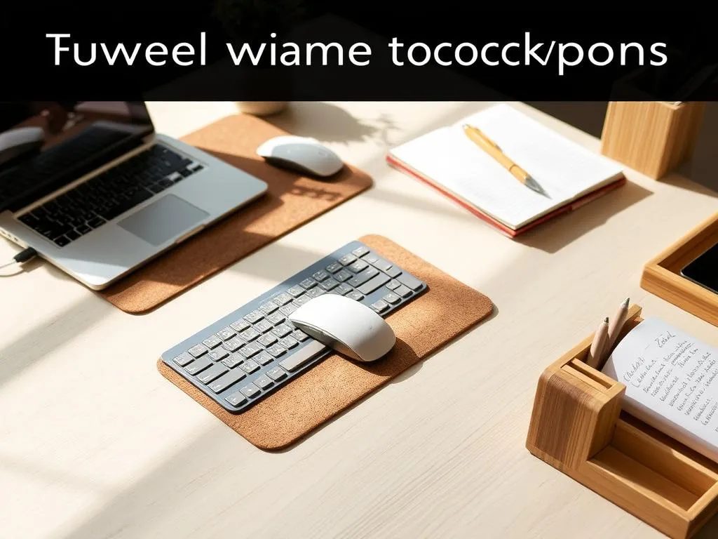 Home office desk with wooden accessories including keyboard wrist rest, mouse pad, pen holder, and desk organizer