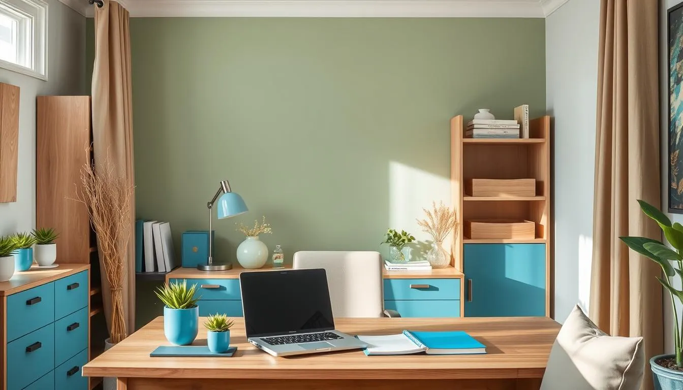 Home office with nature-inspired color palette featuring green accent wall, blue accessories, and earth tone furnishings