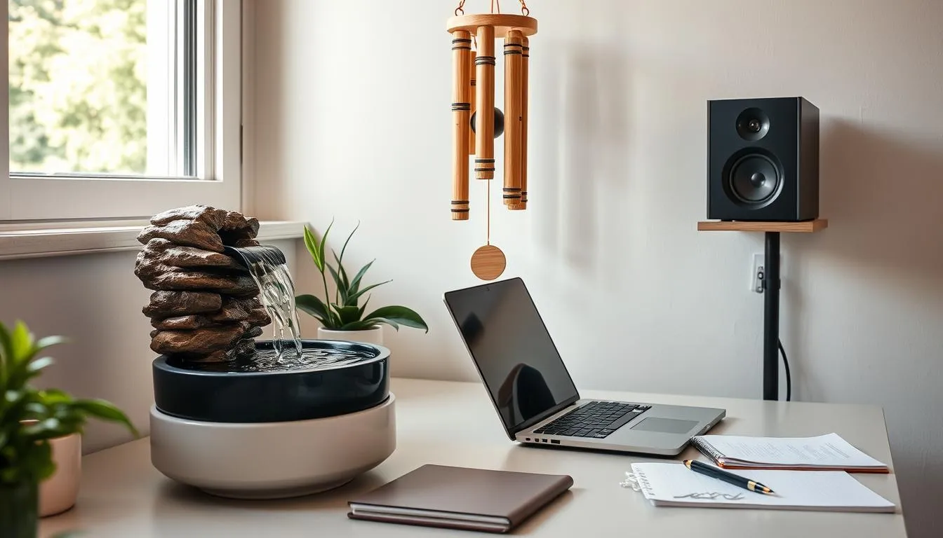 Home office with small desktop fountain, wind chimes near window, and nature sound speaker creating a natural soundscape
