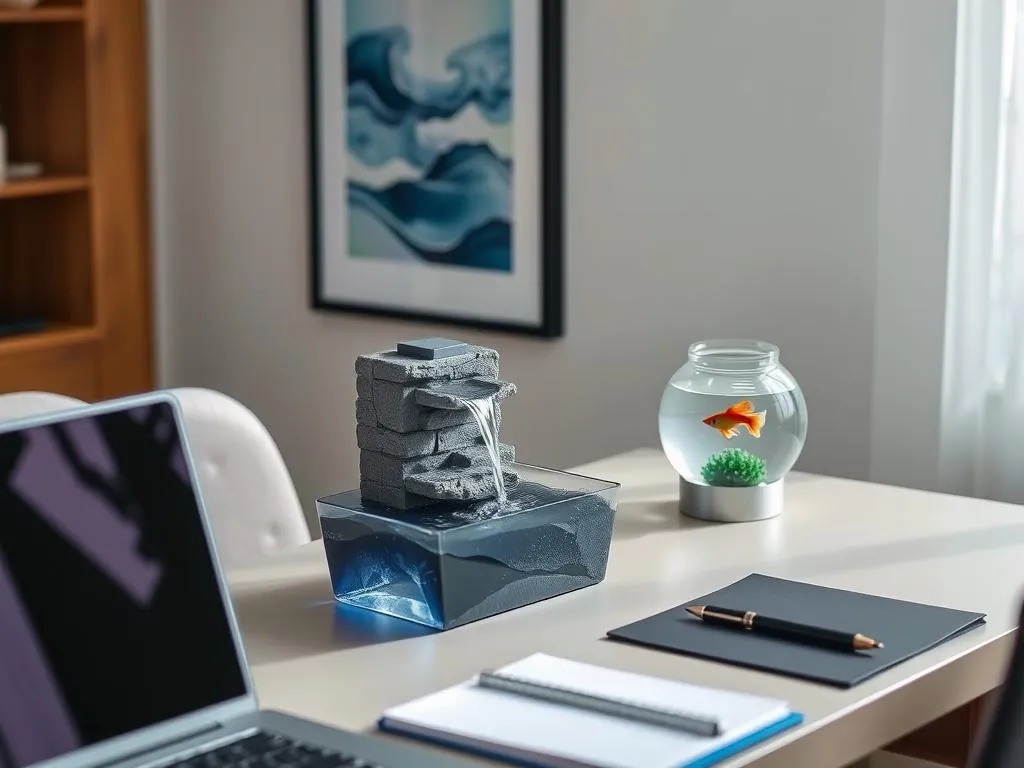 Small desktop water fountain next to a computer workspace with a small fish bowl and water-inspired artwork