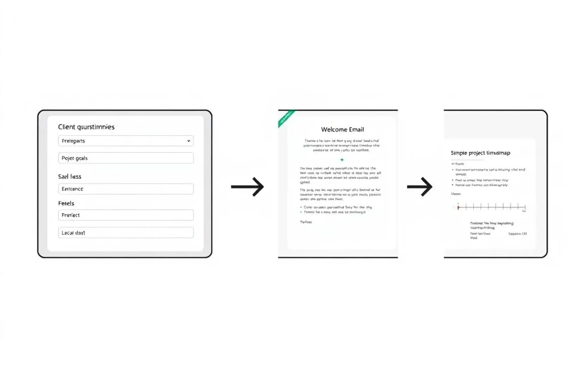 Client onboarding process showing questionnaire, welcome email, and project timeline for first freelance gig
