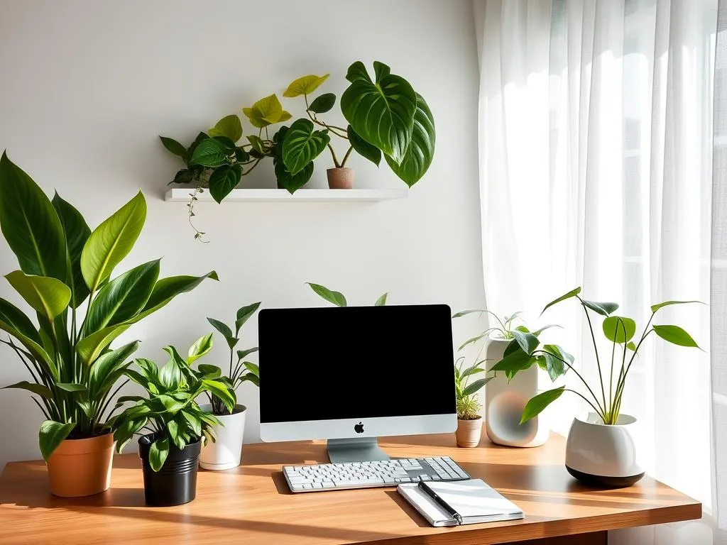 Home office with air-purifying plants, small desktop air purifier, and open window showing air circulation