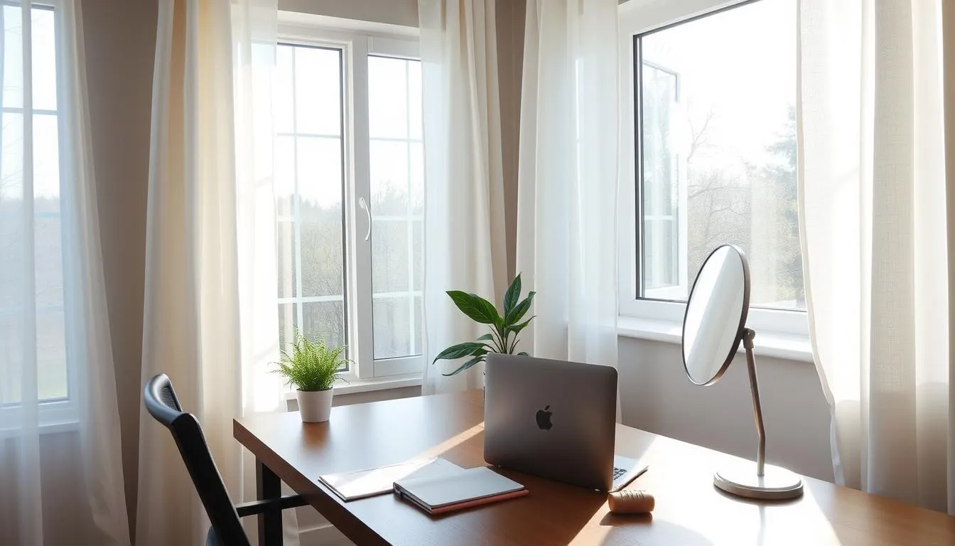 Home office workspace positioned perpendicular to a window with light-filtering curtains and a desk mirror to maximize natural light
