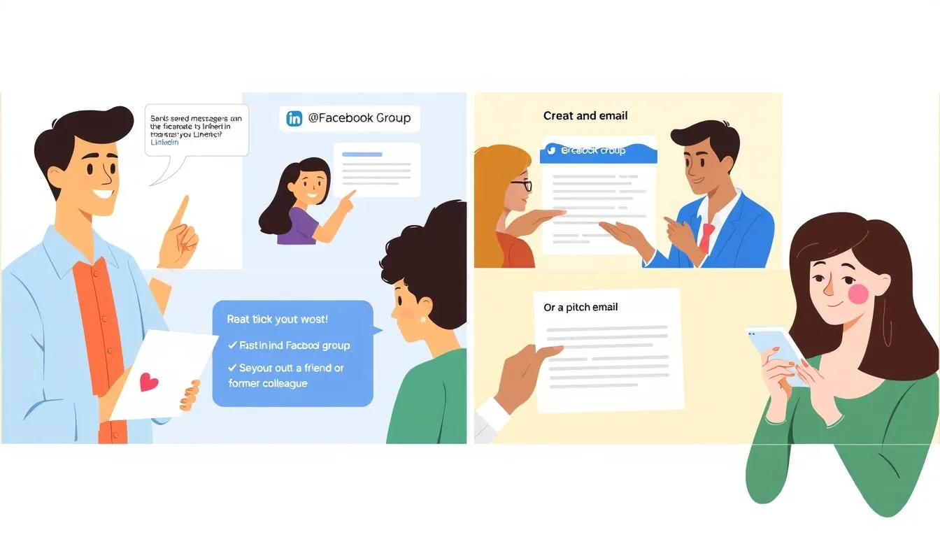 Person reaching out to potential clients through various channels for their first freelance gig steps